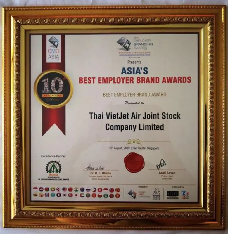 Thai Vietjet named Asia's Best Employer Brand 2019 at the 10th edition of Asia’s Best Employer Brand Awards 2019 in Singapore