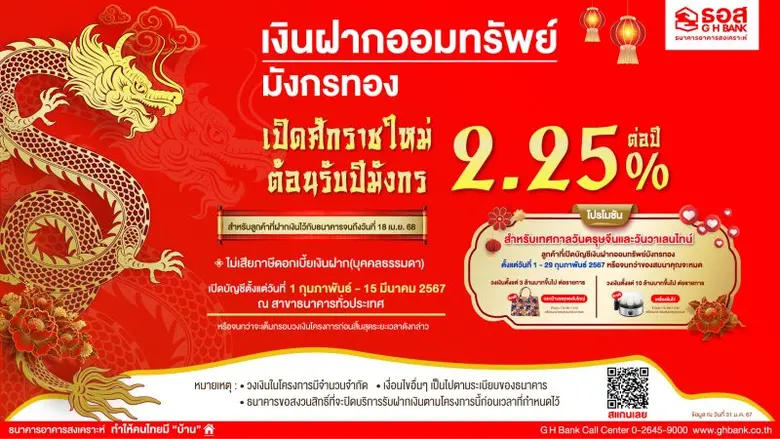 ธอส. ต้อนรับศักราชใหม่ปี 2567 เปิดตัว "เงินฝากออมทรัพย์มังกรทอง" โดนใจคนรักการออมด้วยอัตราดอกเบี้ยสูงถึง 2.25% ต่อปี