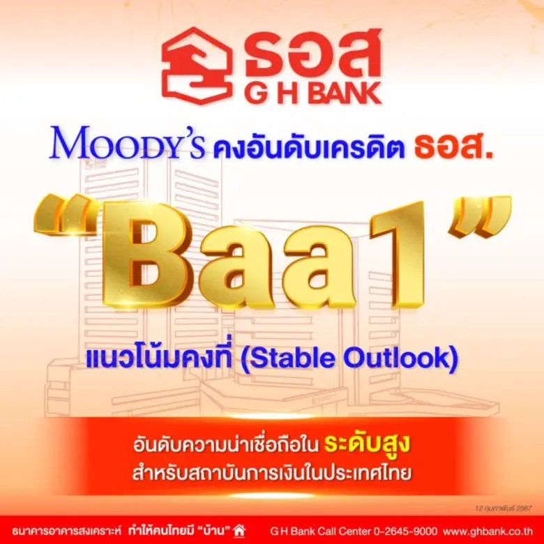 Moody's คงอันดับเครดิตองค์กร ธอส. ที่ระดับ Baa1 และแนวโน้มระดับ Stable