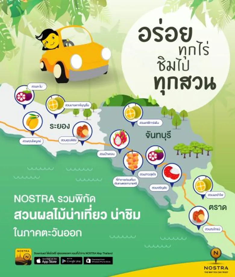 นอสตร้าแอพฯ พาฟิน “อร่อยทุกไร่ ชิมไปทุกสวน” แสดงตำแหน่งและข้อมูลสวนผลไม้ 4 จังหวัดภาคตะวันออก