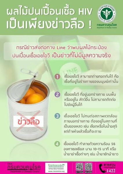 กรมควบคุมโรค แจง! ข่าวปล่อยบนสื่อออนไลน์ กรณีพบผลไม้กระป๋องปนเปื้อนเชื้อ HIVเป็นข้อมูลเท็จ ยัน! เป็นข่าวเก่าที่ถูกปล่อยมานานแล้ว