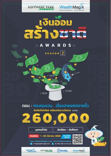 ซอฟต์แวร์พาร์ค สวทช. จับมือ เว็ลธ์ แมเนจเม้นท์ ซิสเท็ม และสมาคม TACGA จัดประกวดเงินออมสร้างชาติ ปี 2 “กองทุนรวมเรื่องง่ายแค่ปลายนิ้ว” ชิงมูลค่ารวมกว่า 260,000 บาท หวังกระตุ้นคนไทยใส่ใจวางแผนการเงิน