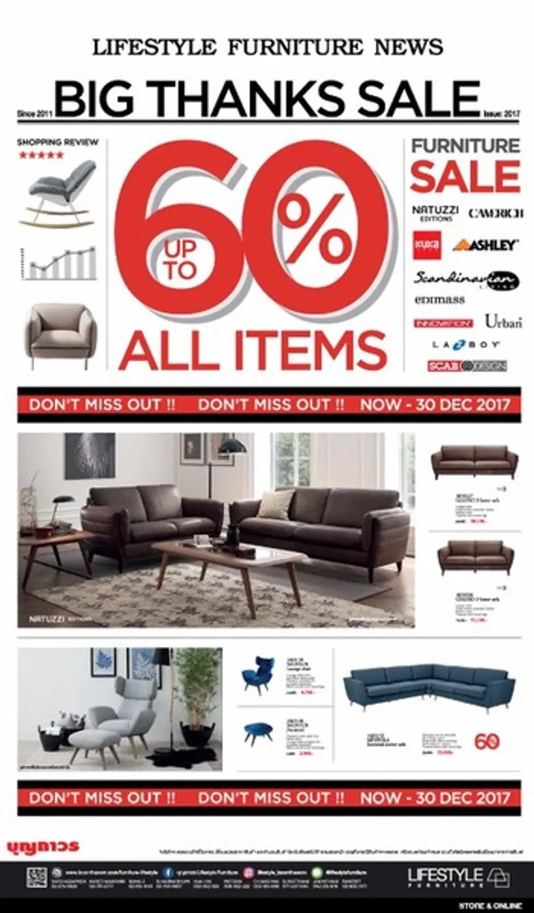 LIFESTYLE BIG THANKS SALE 2017 ลดทั้งร้านส่งท้ายปี สูงสุดถึง 60% แทนคำขอบคุณจากใจ บุญถาวร ไลฟ์สไตล์ เฟอร์นิเจอร์ ตั้งแต่วันนี้ - 30 ธันวาตม 2560