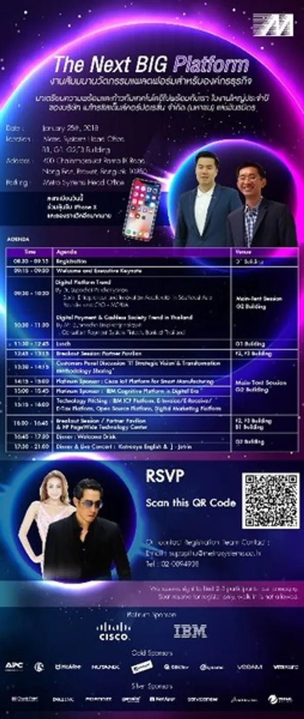 เมโทรซิสเต็มส์ฯ จัดยิ่งใหญ่ “The Next BIG Platform” งานสัมมนานวัตกรรมแพลตฟอร์มสำหรับองค์กรธุรกิจ ในวันพฤหัสบดีที่ 25 มกราคม 2561 เวลา 8.30 น.เป็นต้นไป ณ อาคาร G ชั้น 2 สำนักงานใหญ่ ใกล้สวนหลวง ร.9