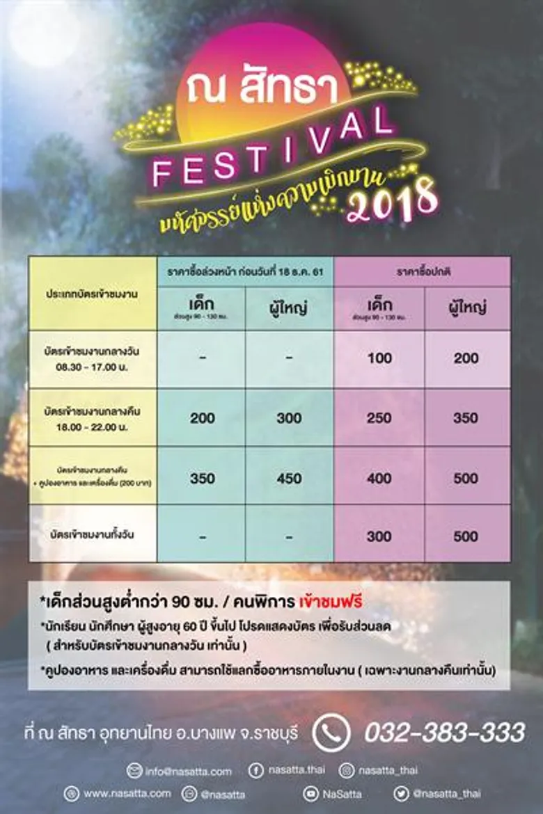 ณ สัทธา อุทยานไทย อ.บางแพ จ.ราชบุรี ชวนร่วมเทศกาลเฉลิมฉลองเทศกาลแห่งความสุข ส่งท้ายปีเก่า-ต้อนรับปีใหม่ ในกิจกรรม ณ สัทธา เฟสติวัล 2018 “มหัศจรรย์แห่งความเบิกบาน” วันที่ 22-23 , 29-30 ธันวาคม 2561 และ 1, 5-6 มกราคม 2562