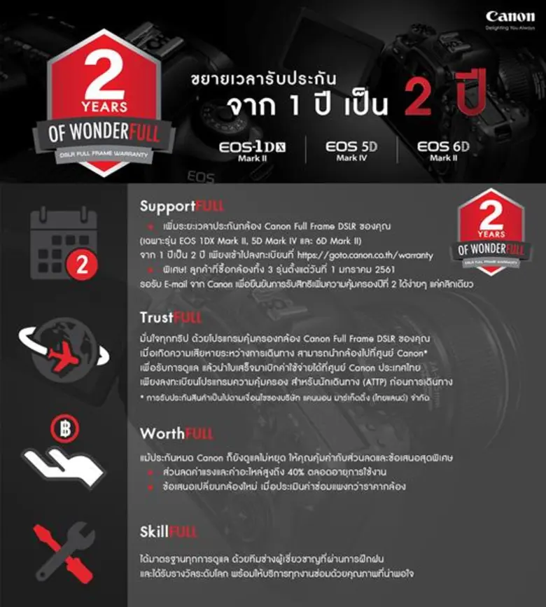 แคนนอน เปิดขยายเวลารับประกันกล้องแท้ประกันศูนย์ จาก 1 ปี เป็น 2 ปี เพราะความใส่ใจ คือคุณภาพและมาตรฐานระดับมืออาชีพ