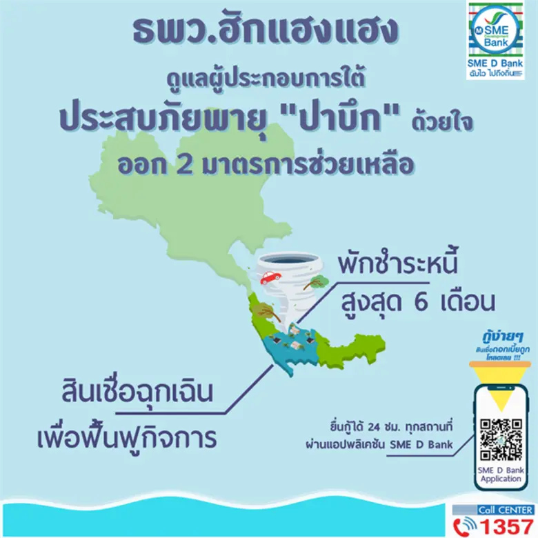 ธพว.ประกาศยืนเคียงข้างช่วยเหลือผู้ประกอบการใต้ประสบภัยพายุ “ปาบึก”  ออกมาตรการพักหนี้คู่เติมทุนฟื้นฟูธุรกิจ อำนวยความสะดวกยื่นกู้ได้ทุกที่ ทุกเวลา