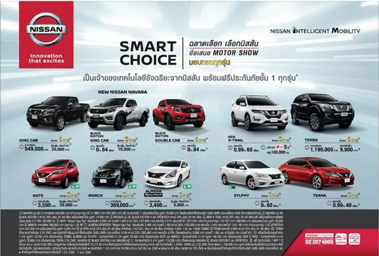 นิสสันจัดข้อเสนอพิเศษ “ฉลาดเลือก เลือกนิสสัน” โอกาสรับทองสูงสุด 6 บาทพบกับรถยนต์นิสสันหลากหลายรุ่น และข้อเสนอโปรโมชั่นพิเศษในงานมอเตอร์โชว์ ครั้งที่ 40