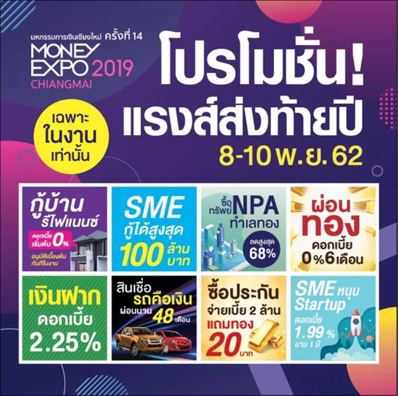 Money Expo Chiangmai 2019 กู้บ้านดอกเบี้ย 0% 6 เดือน ซื้อประกันจ่ายเบี้ย 2 ล้านแถมทอง 20 บาท
