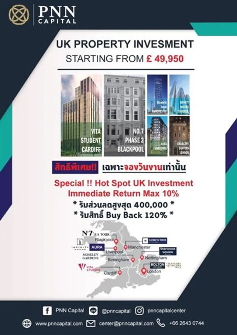 “พีเอ็นเอ็น แค็ปปิตอล” สบช่องบาทแข็ง เปิดเมกะโปรเจคปิดท้ายไตรมาส 4 ชวนนักลงทุนไทยบุกตลาดอสังหาฯ UK ลุย 10 โครงการใหญ่รับผลตอบแทนสูงสุด 10% ต่อปี