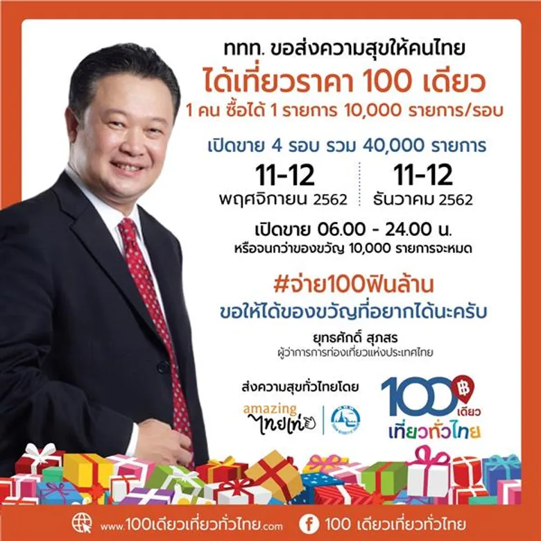 บิ๊กเซอร์ไพรส์จาก ททท. ให้เที่ยวทั่วไทยได้ในราคา 100 เดียว พุ่งตัวไปจองด่วน 4 รอบ เริ่มแล้ววันนี้ !