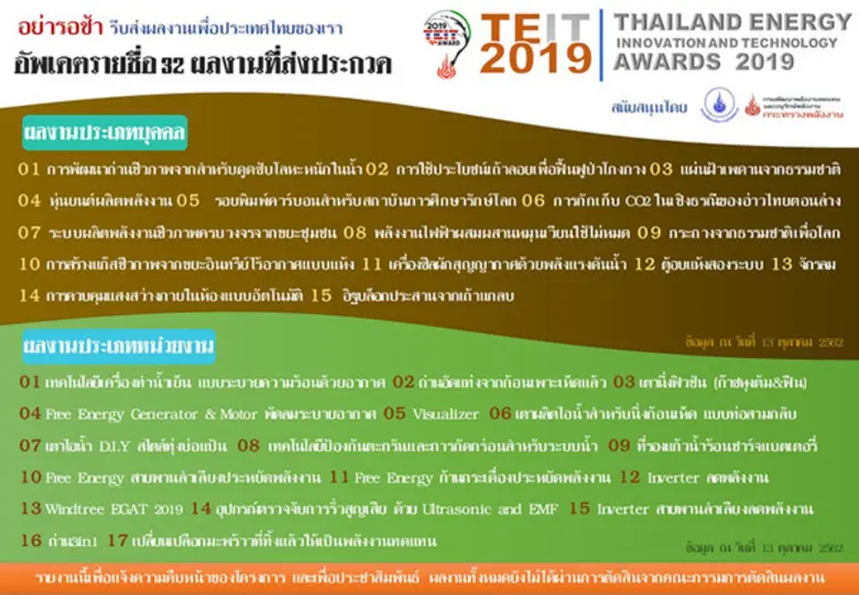 พพ.ชวนคนไทยร่วมส่งผลงานอนุรักษ์พลังงานนวัตกรรม 4.0 ชิงรางวัลบนเวทีประกวดเทคโนโลยีและนวัตกรรม ประจำปี 2019