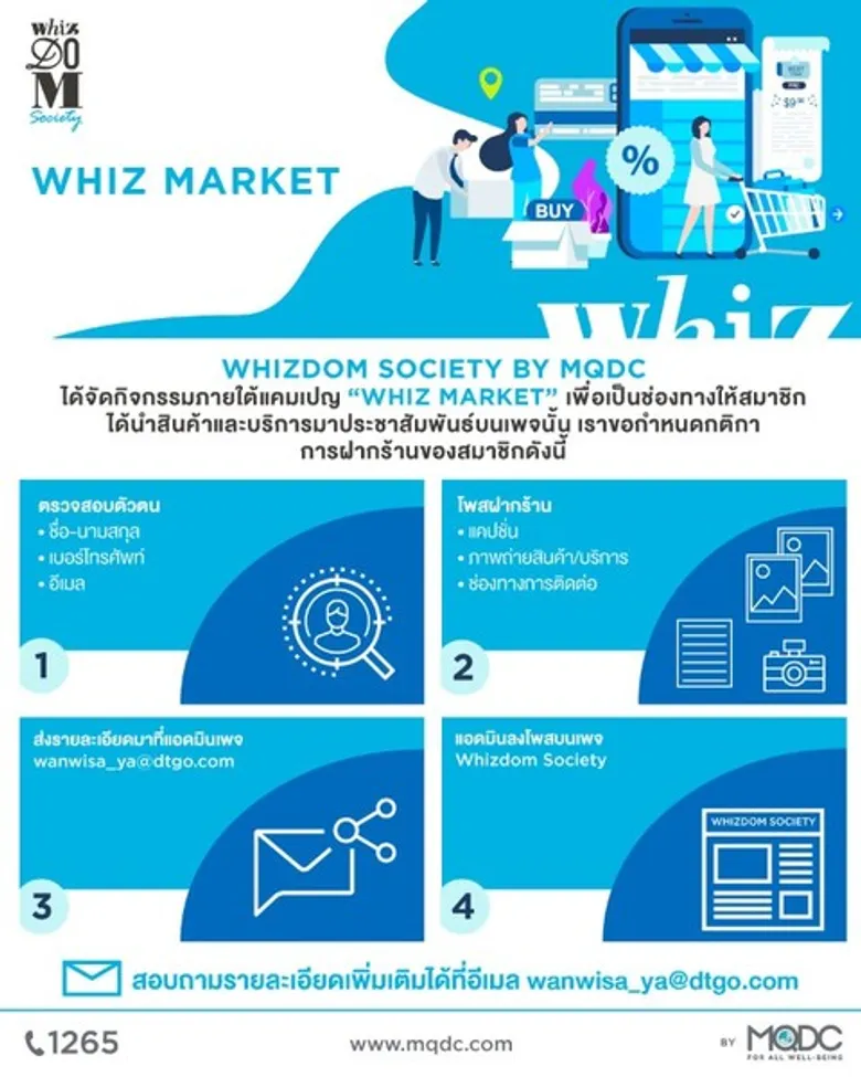 MQDC ร่วมกับ Whizdom Society ช่วยเหลือผู้ประสบภัยโควิดต่อเนื่อง เปิดแคมเปญ Whiz Market ให้พื้นที่เพจฝากสินค้าและบริการ ตั้งแต่วันนี้ถึง31 พ.ค.นี้