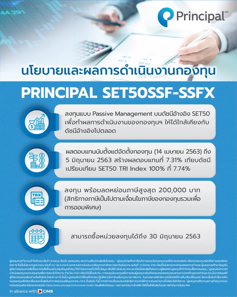 บลจ.พรินซิเพิล ชี้หุ้นไทยยังน่าลงทุน ชูกองทุนรวมเพื่อการออมพิเศษPRINCIPAL SET50SSF-SSFX ลงทุนหุ้น SET50ให้ผลตอบแทนตั้งแต่จัดตั้ง 7.31%