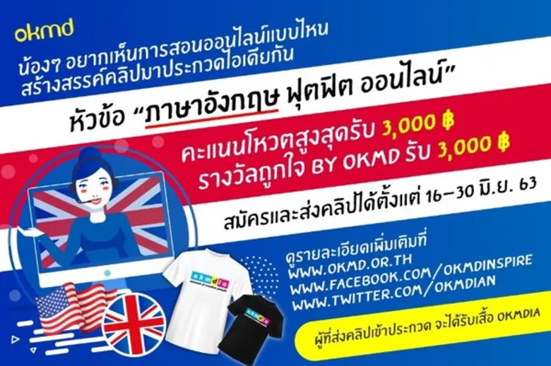 OKMD ขอเชิญน้องๆส่งผลงานเข้าร่วมการประกวดคลิปสอนออนไลน์ แบบไหนที่อยากเห็น  ภายใต้หัวข้อ “ภาษาอังกฤษ ฟุตฟิต ออนไลน์”