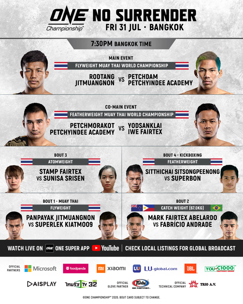 เปิดโผครบทุกคู่ ศึก ONE: NO SURRENDER นัดยิ่งใหญ่ ศุกร์ 31ก.ค.นี้ ยิงสด 150 ประเทศทั่วโลก