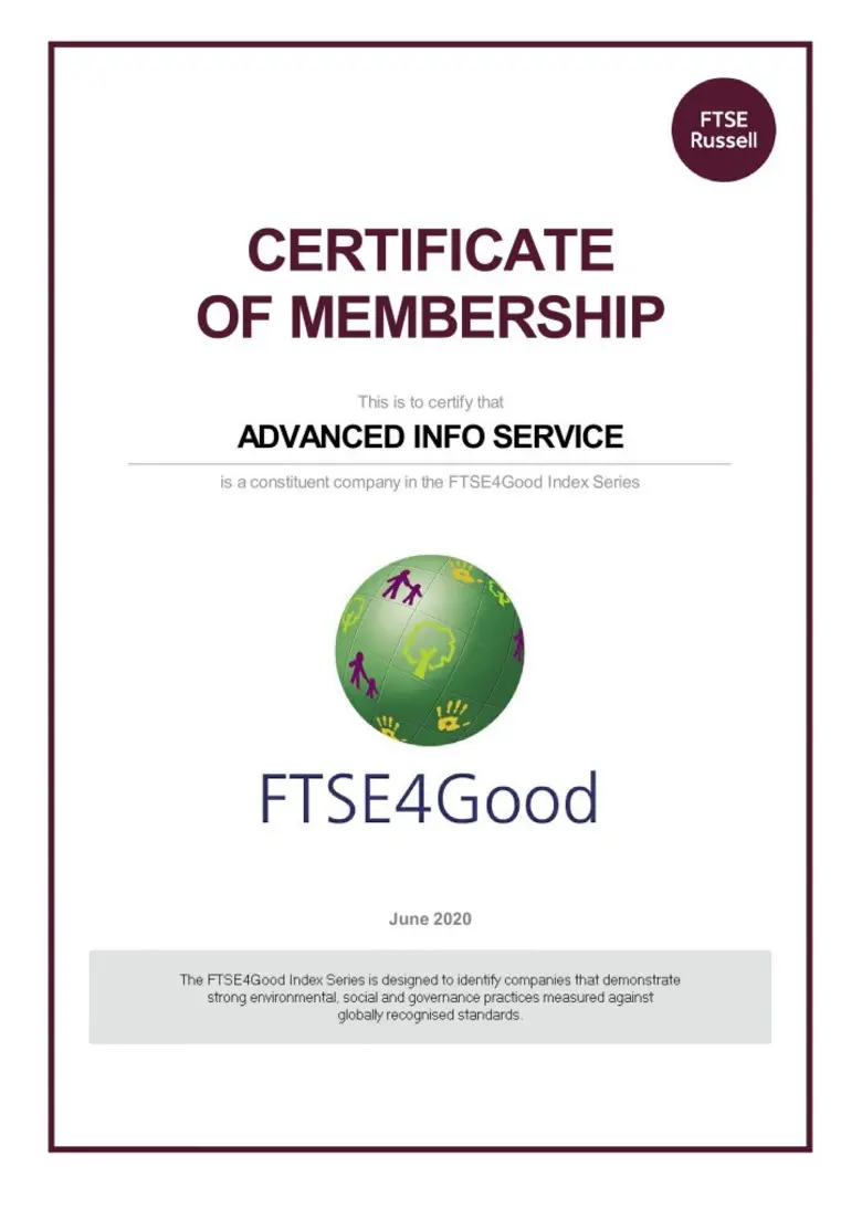 เอไอเอส ได้รับคัดเลือกให้เป็นสมาชิกดัชนีด้านความยั่งยืน FTSE4Good Index Series และ ESG 100 ต่อเนื่องเป็นปีที่ 6