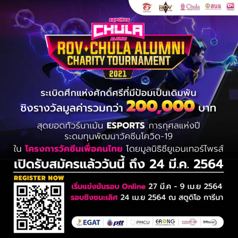 สมาคมนิสิตเก่าจุฬาฯ จับมือ การีนา จัดแข่งอีสปอร์ตการกศุลสมทบทุนพัฒนาวัคซีน จุฬาฯ-ใบยา ชิงเงินรางวัลรวมกว่า 2แสนบาท ในงาน "104 ปีจุฬาฯ อยู่ไหนก็คืนเหย้าได้