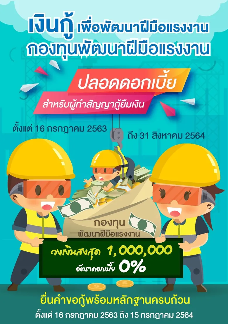 ก.แรงงาน ปล่อยกู้สูงสุด 1 ล้านบาทปลอดดอกเบี้ย เพิ่มทักษะแรงงานช่วยสถานประกอบกิจการ สู้วิกฤตโควิด-19 ระลอก 3