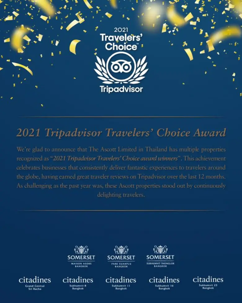 The Ascott Limited - Thailand Properties Win 2021 Tripadvisor Travelers' Choice Awards