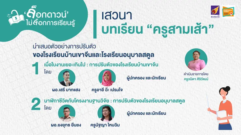 เสวนาออนไลน์ : ล็อกดาวน์ ไม่ล็อกการเรียนรู้ ครั้งที่ 3 บทเรียน "ครูสามเส้า" กรณีศึกษา เครือข่ายโรงเรียนนำร่องพื้นที่นวัตกรรมจังหวัดสตูล