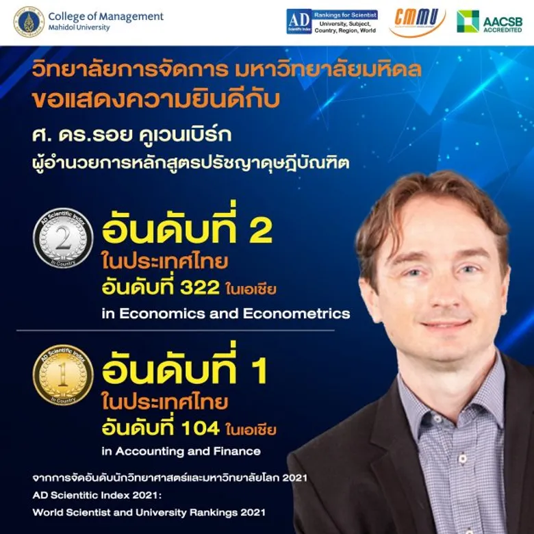 อาจารย์ CMMU มหิดล คว้า TOP100 นักวิจัยธุรกิจในเอเชีย พร้อมคว้าเหรียญทอง เชิดชูเกียรติ จาก AD Scientific Index 2021 ตอกย้ำสถาบันฯชั้นนำด้านการจัดการของประเทศไทย