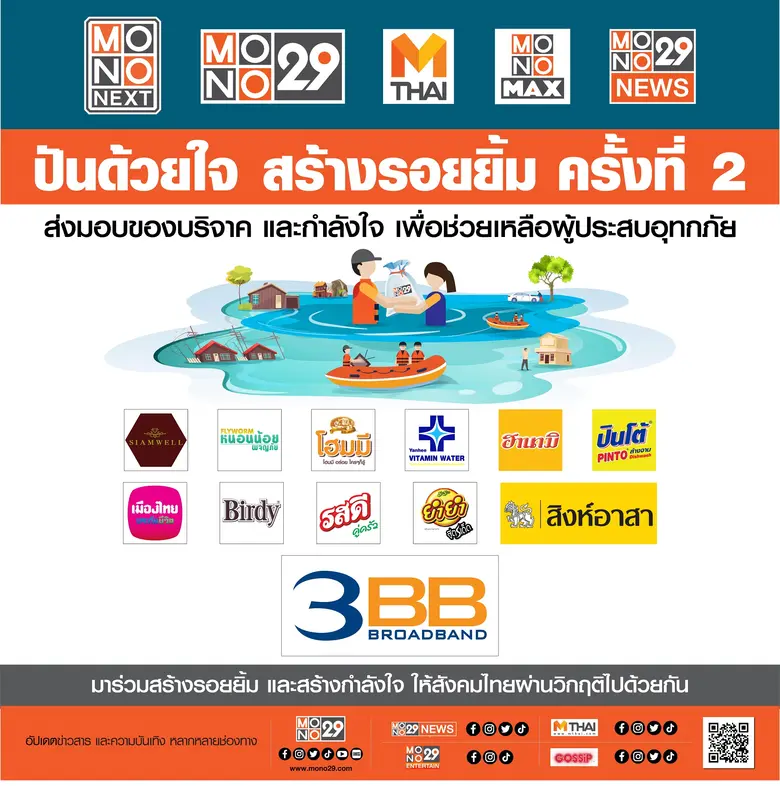 "โมโน เน็กซ์" เดินหน้าโครงการ "ปันด้วยใจ สร้างรอยยิ้ม ครั้งที่ 2" จับมือ 3BB ลงพื้นที่ช่วยผู้ประสบอุทกภัย "อ่างทอง-สระบุรี"