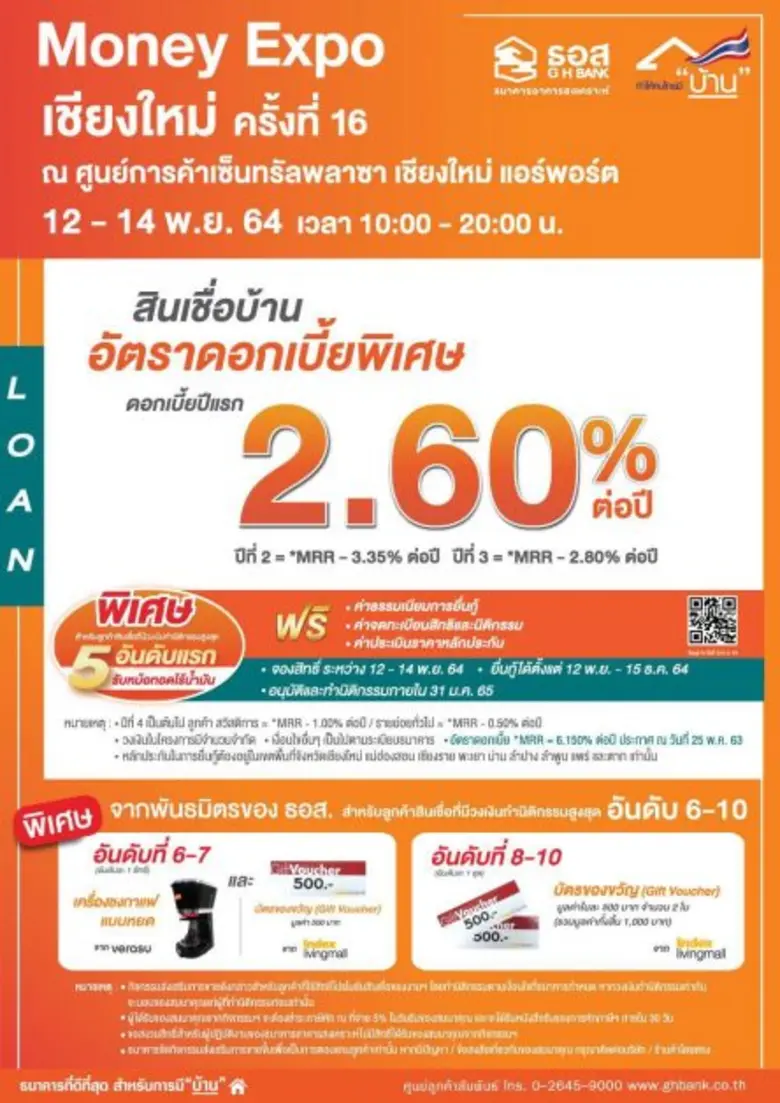 ธอส. จัดโปรโมชั่นเด็ด ส่งท้ายปีให้ชาวเหนือ!!  สินเชื่อบ้านดอกเบี้ยปีแรก 2.60% ต่อปี ที่งานมหกรรมการเงินเชียงใหม่ ครั้งที่ 16
