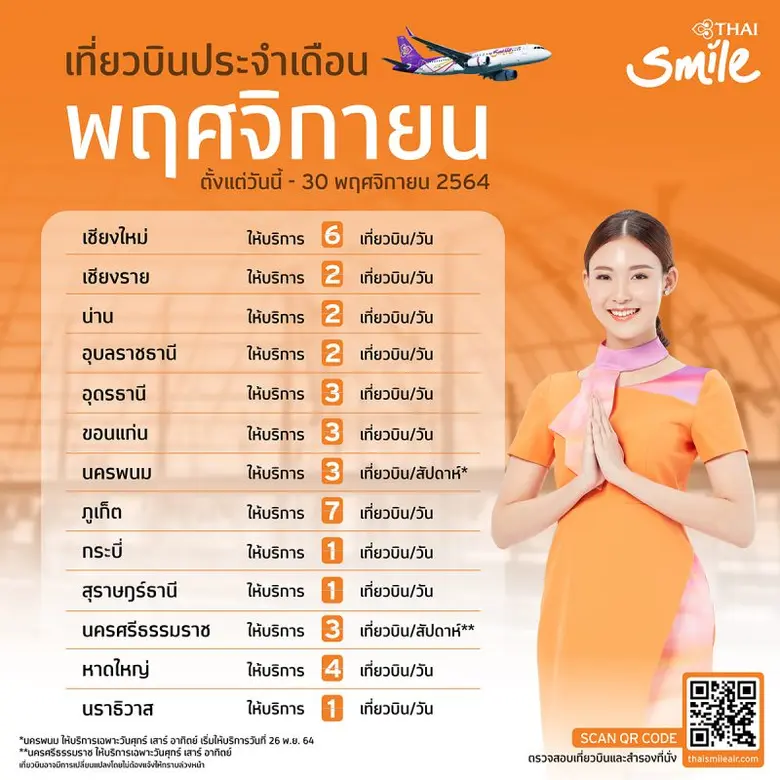 ไทยสมายล์ ประกาศเพิ่มเที่ยวบินที่ให้บริการในเดือนพฤศจิกายน 2564