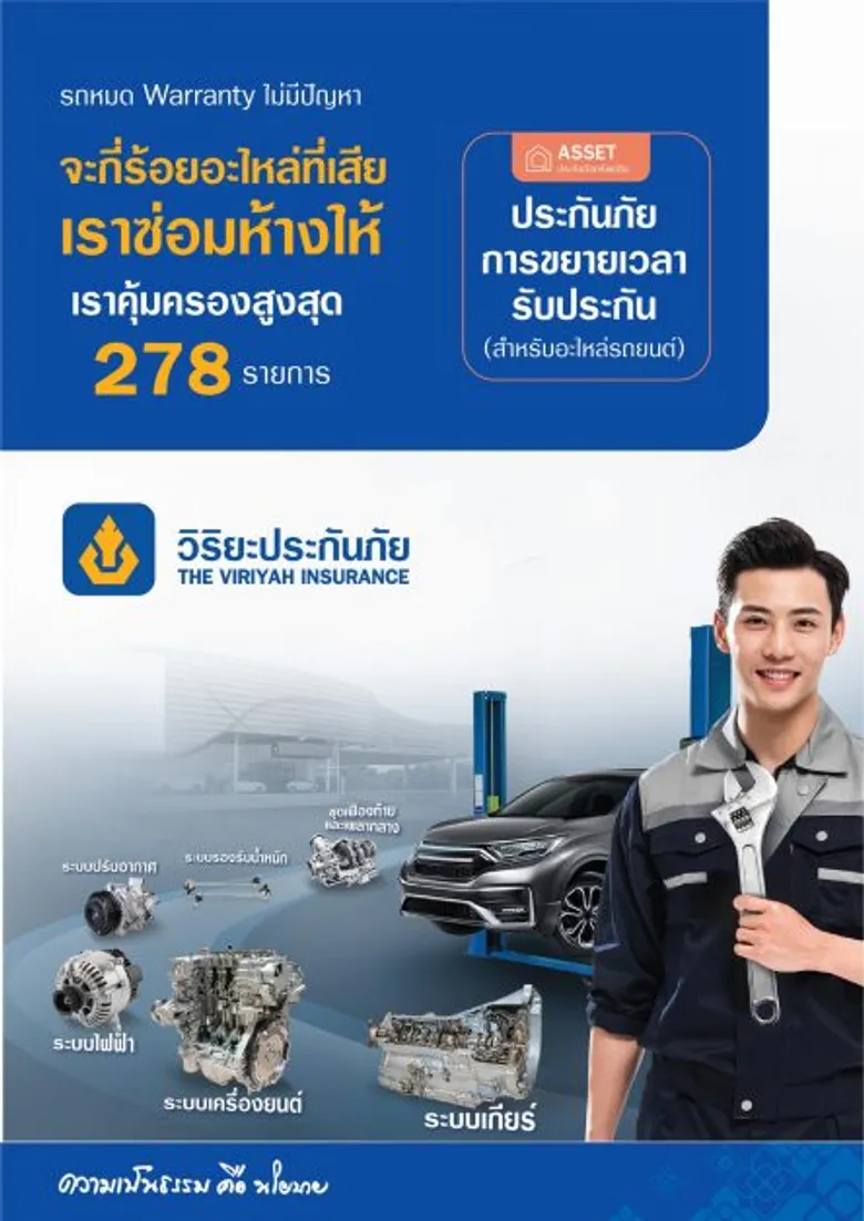 วิริยะประกันภัย รุก "ประกันสุขภาพรถ" รองรับรถหมด Warranty "อะไหล่เสีย เราเคลียร์ให้ ซ่อมครบ จบที่ศูนย์" เบี้ยเริ่มต้น 2,555 บาท