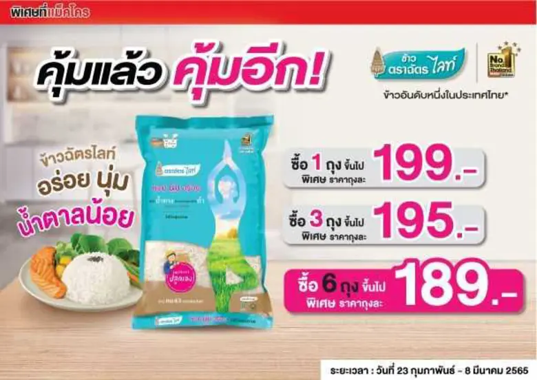 "ข้าวตราฉัตร" ชวนช้อปข้าว 2 แบบ 2 สไตล์ ยิ่งซื้อ ยิ่งกำไร คุ้มแล้ว คุ้มอีก! ที่แม็คโคร กับ "ข้าวหอม.. นุ่ม เหนียว" และ "ข้าวอร่อย นุ่ม น้ำตาลน้อย"