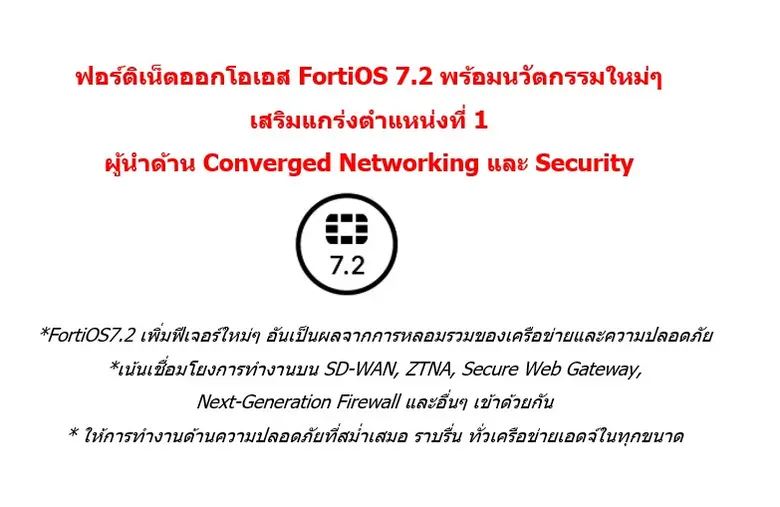 ฟอร์ติเน็ตออกโอเอส FortiOS 7.2 พร้อมนวัตกรรมใหม่ๆ เสริมตำแหน่งที่ 1 ผู้นำด้าน Converged Networking และ Security