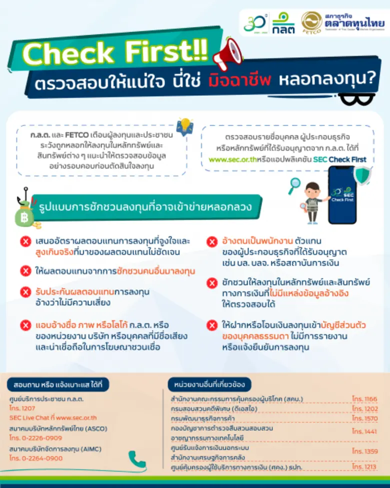 ก.ล.ต. ร่วมกับ FETCO เตือนประชาชนระมัดระวังถูกหลอกลงทุน แนะตรวจสอบชื่อผู้ได้รับอนุญาต ที่แอปพลิเคชัน SEC Check First