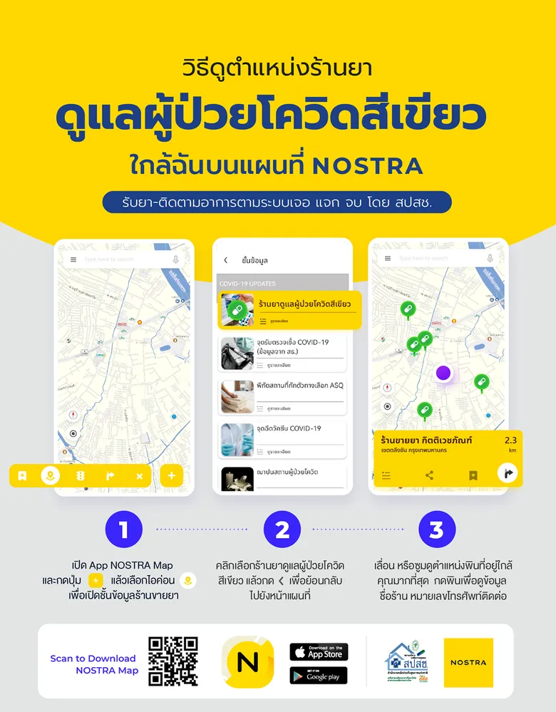 เช็กวันนี้ ! NOSTRA ปักพิกัดแผนที่โชว์ตำแหน่ง "ร้านยาดูแลผู้ป่วยโควิดสีเขียว" รับยา-ติดตามอาการตามระบบเจอ แจก จบ โดย สปสช.