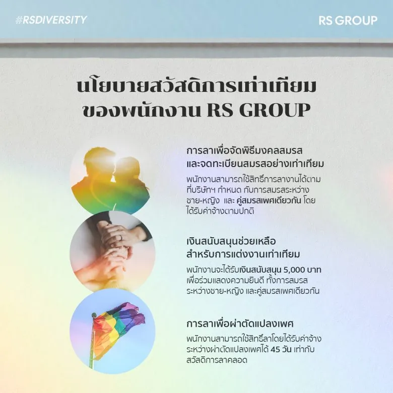 อาร์เอส กรุ๊ป ชูนโยบาย "RS Diversity" ชื่นชมทุกความหลากหลาย เป็นไปได้ทุกความแตกต่าง พร้อมเพิ่มสวัสดิการพนักงาน สร้างความเท่าเทียมทางเพศ