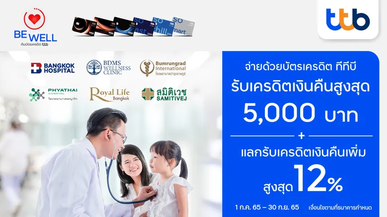 บัตรเครดิต ทีทีบี ร่วมกับ โรงพยาบาลชั้นนำที่ร่วมรายการ จัดแคมเปญ "ยิ้มรับสุขภาพดี" รับสิทธิพิเศษ! เครดิตเงินคืนสูงสุด 5,000 บาท และแลกรับเครดิตเงินคืนสูงสุด 12%