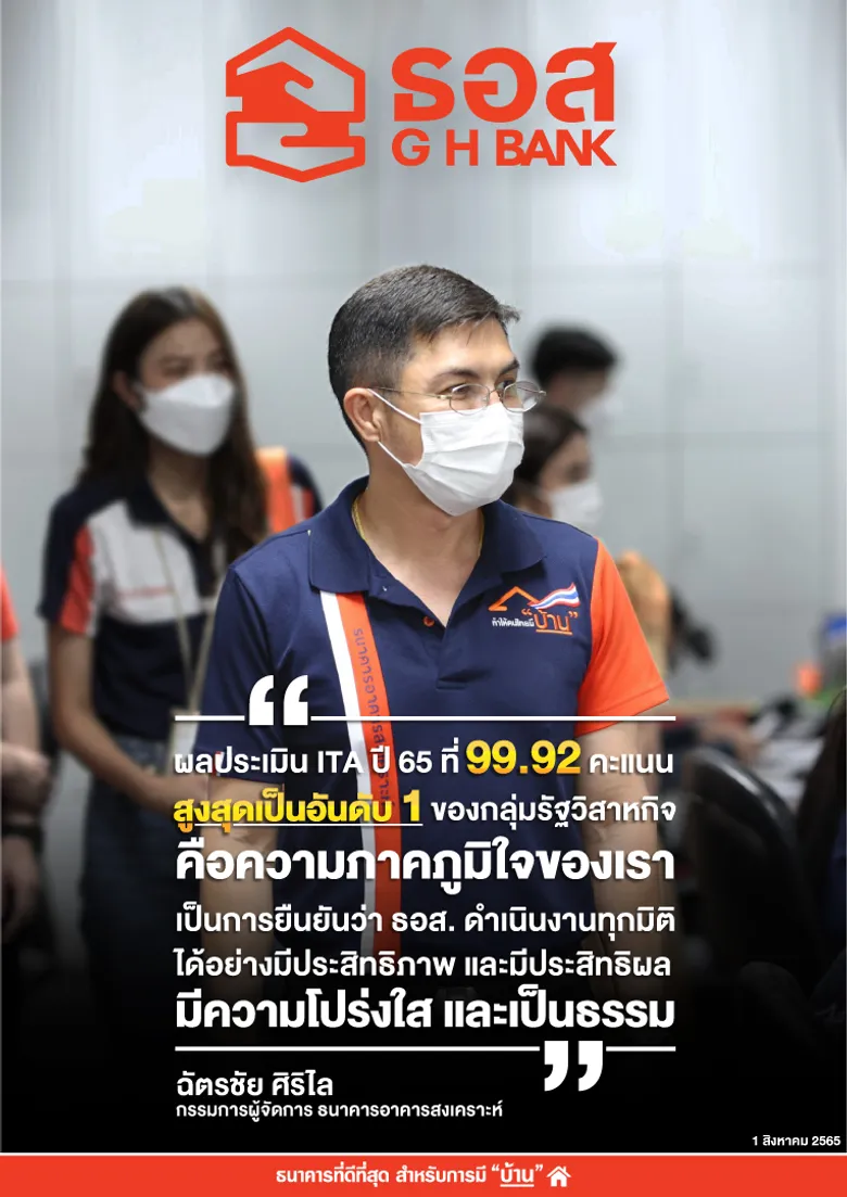 ธอส. คว้า 99.92 คะแนน ผลประเมิน ITA ปี 2565 สูงที่สุดอันดับหนึ่งในกลุ่มรัฐวิสาหกิจ 6 ปีต่อเนื่อง