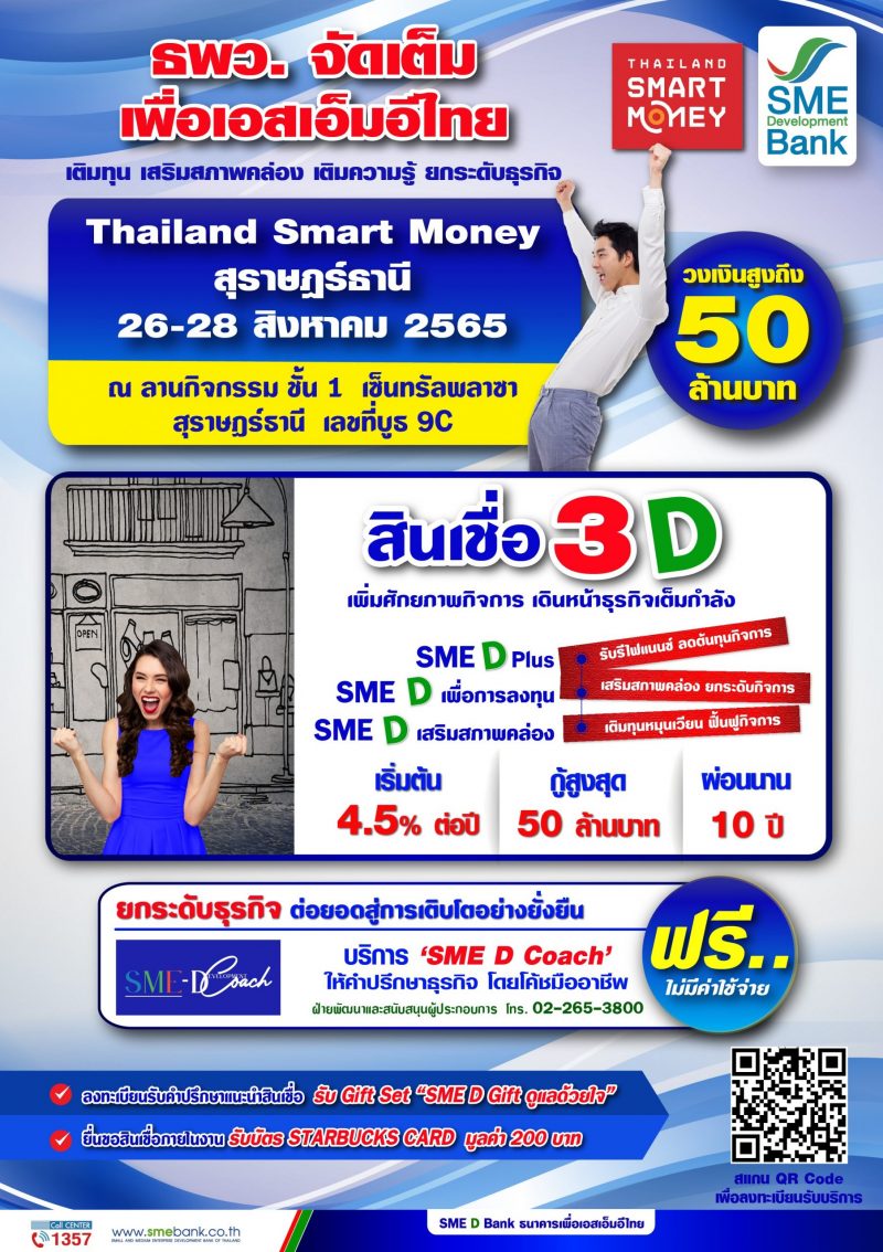 ธพว.จัดโปรพิเศษเพื่อ SMEsใต้ ในงาน 'Thailand Smart Money' จ.สุราษฎร์ธานี   'เติมทุน' วงเงินกู้สูงสุด 50 ลบ. มอบบริการ 'SME D Coach' ปรึกษาธุรกิจครบวงจรฟรี