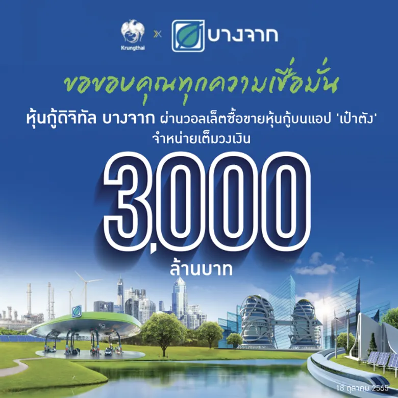 "หุ้นกู้ดิจิทัลบางจาก" ตอบโจทย์การลงทุนสร้างความยั่งยืน โดนใจผู้ลงทุน ยุคดิจิทัล จองซื้อผ่าน "เป๋าตัง"เต็ม 3,000 ล้าน ใน 3 นาที 18 วินาที