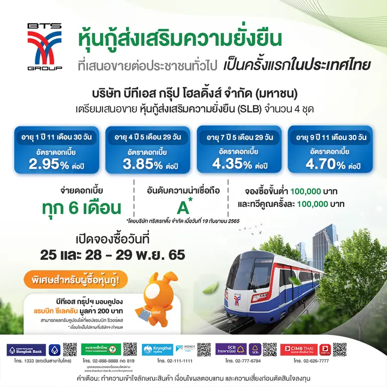 บีทีเอส กรุ๊ปฯ เคาะอัตราผลตอบแทน 'หุ้นกู้ส่งเสริมความยั่งยืน' จำนวน 4 รุ่น อัตราดอกเบี้ย 2.95%-4.70% ต่อปี ชำระดอกเบี้ยทุก 6 เดือน