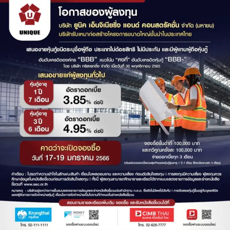 UNIQ เคาะดอกเบี้ยหุ้นกู้อายุ 1 ปี 7 เดือน ที่ 3.85% ต่อปี และรุ่น 3 ปี 6 เดือน ที่ 4.95% ต่อปี เสนอขายผู้ลงทุนทั่วไป 17-19 มกราคมนี้ ผ่าน ธ.กรุงไทย และ ธ.ซีไอเอ็มบี ไทย