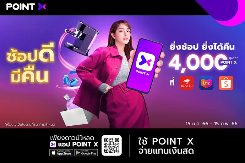 "PointX" อัดแคมเปญแรงรับปีกระต่ายทอง "ช้อปดีมีคืน" จ่ายด้วย PointX ที่ JD CENTRAL, Lazada, Shopee รับพอยท์คืนสูงสุด 4,000 PointX
