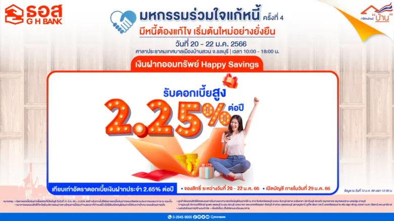 ธอส. จัดเงินฝากออมทรัพย์ Happy Savings อัตราดอกเบี้ยสูงสุด 2.25% ต่อปี เอาใจคนรักการออมในงานมหกรรมร่วมใจแก้หนี้ฯ ครั้งที่ 4 จ.ชลบุรี