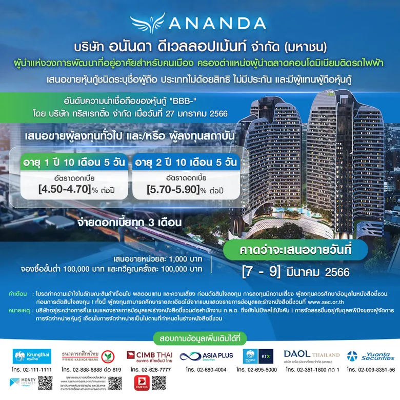 'อนันดา' เตรียมออกหุ้นกู้ 2 รุ่น อายุ 1 ปี 10 เดือน 5 วัน และอายุ 2 ปี 10 เดือน 5 วัน อัตราดอกเบี้ยระหว่าง [4.50 - 5.90]% ต่อปี