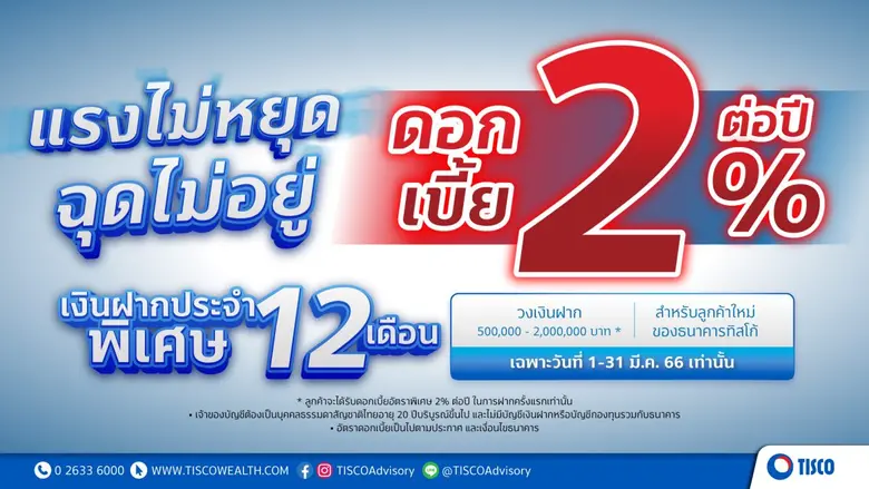 ธนาคารทิสโก้ จำกัด (มหาชน) ประกาศดอกเบี้ยเงินฝากประ...