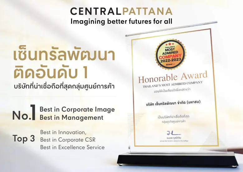 เซ็นทรัลพัฒนา ครองใจผู้บริโภค คว้าอันดับหนึ่งสุดยอดบริษัทที่น่าเชื่อถือที่สุดในกลุ่มธุรกิจศูนย์การค้า "2023 Thailand's Most Admired Company - Best of The Best"