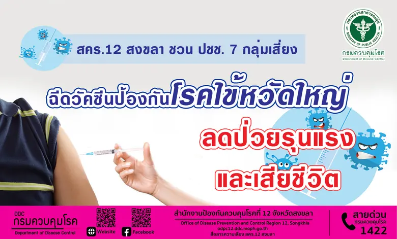 สคร.12 สงขลา ชวนประชาชน 7 กลุ่มเสี่ยง ฉีดวัคซีนป้องกันโรคไข้หวัดใหญ่ ลดป่วยรุนแรง และเสียชีวิต