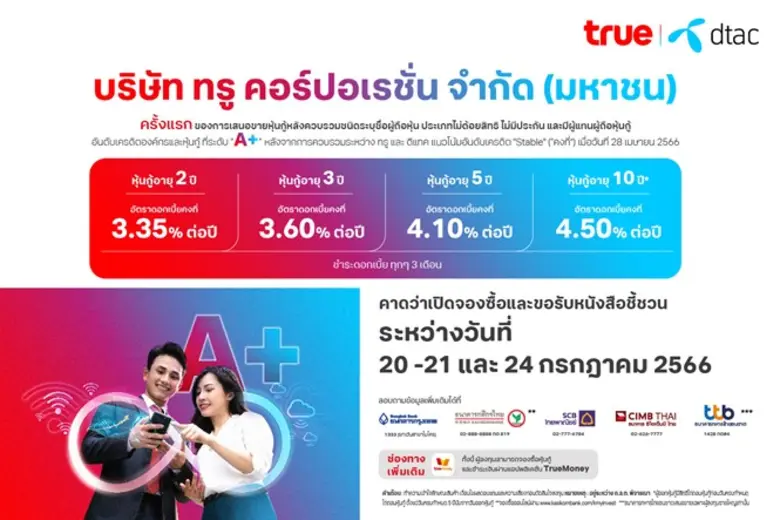 "ทรู คอร์ปอเรชั่น" เตรียมเสนอขายหุ้นกู้ครั้งแรกให้นักลงทุนทั่วไป ชู A+ เรทติ้งบริษัทใหม่ ดอกเบี้ย 3.35-4.50% ต่อปี คาดเปิดให้จองซื้อ 20-21 และ 24 กรกฎาคม 2566