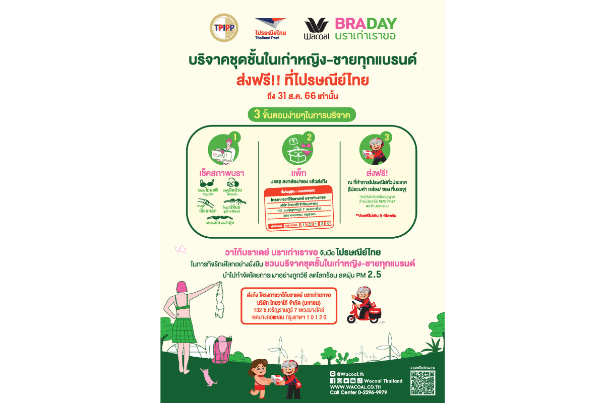 วาโก้เดินหน้าโครงการ "วาโก้บราเดย์ บราเก่าเราขอ" ปีที่ 12 เร่งชวน ร่วมบริจาคชุดชั้นในเก่าได้ตลอดทั้งปี ส่งฟรี!! ที่ไปรษณีย์ไทย ถึง 31 ส.ค. นี้