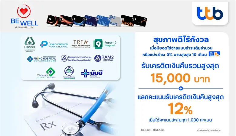 บัตรเครดิต ttb มอบสิทธิพิเศษเพื่อสุขภาพที่ดี กับโรงพยาบาลชั้นนำที่ร่วมรายการ รับเครดิตเงินคืนรวมสูงสุด 15,000 บาท และแลกคะแนนรับเครดิตเงินคืนสูงสุด 12%